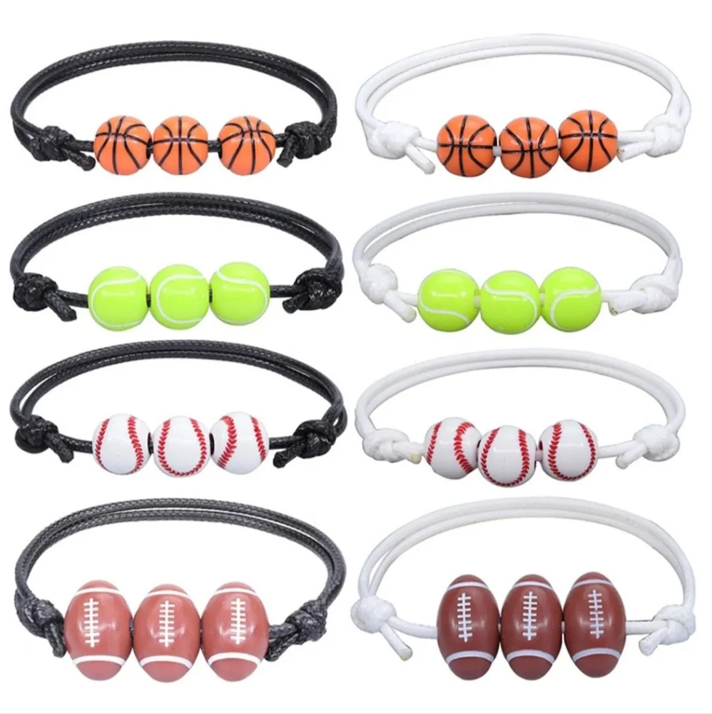 Black Baseball Bracelet Set of 2 Bead Charms Sport Friendship Couple Gift Set